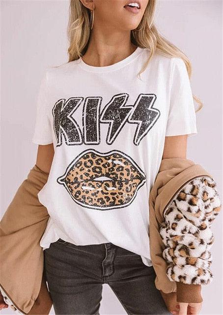 Kiss Letter Leopard Lips - Women’s T shirts - Cute Graphic Vintage Top - Causal Summer Oversized Clothes (D19)(TB2)
