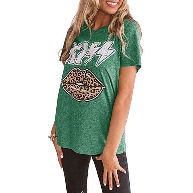 Kiss Letter Leopard Lips - Women’s T shirts - Cute Graphic Vintage Top - Causal Summer Oversized Clothes (D19)(TB2)