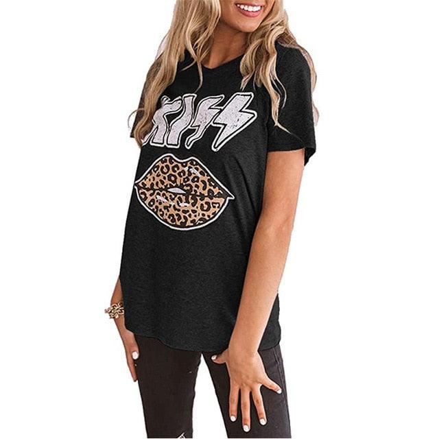 Kiss Letter Leopard Lips - Women’s T shirts - Cute Graphic Vintage Top - Causal Summer Oversized Clothes (D19)(TB2)