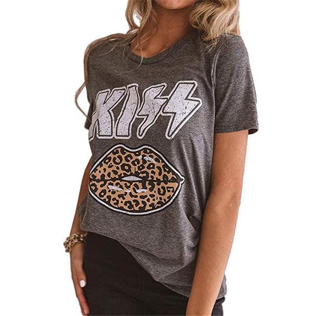 Kiss Letter Leopard Lips - Women’s T shirts - Cute Graphic Vintage Top - Causal Summer Oversized Clothes (D19)(TB2)