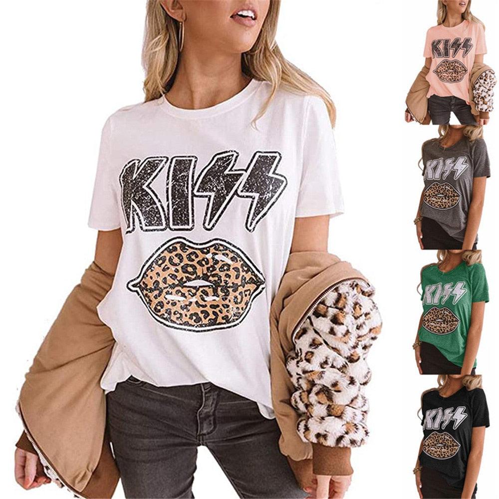 Kiss Letter Leopard Lips - Women’s T shirts - Cute Graphic Vintage Top - Causal Summer Oversized Clothes (D19)(TB2)