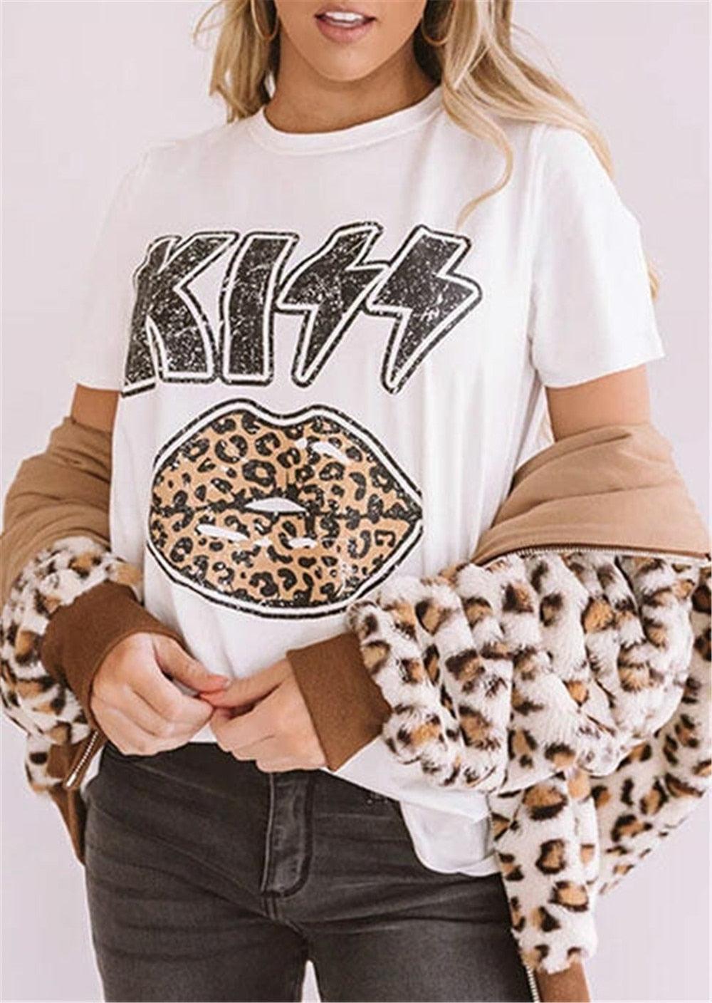 Kiss Letter Leopard Lips - Women’s T shirts - Cute Graphic Vintage Top - Causal Summer Oversized Clothes (D19)(TB2)