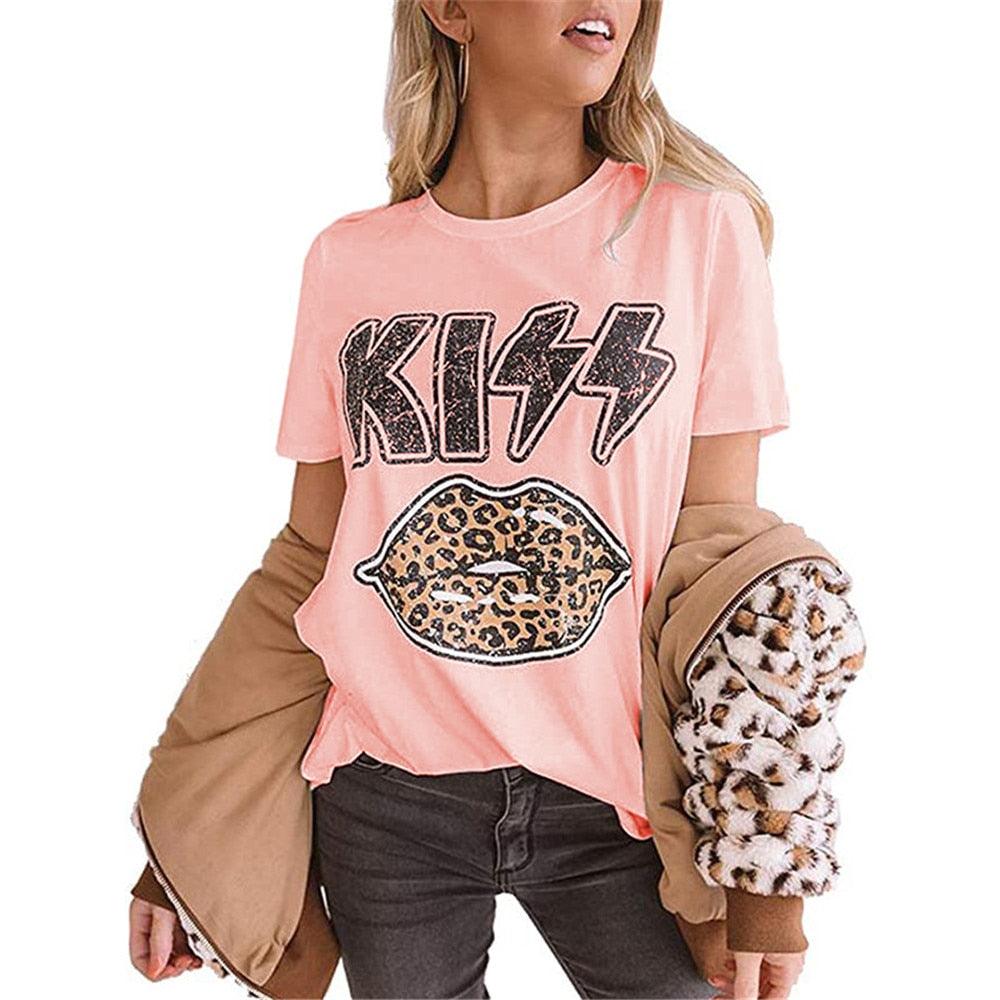 Kiss Letter Leopard Lips - Women’s T shirts - Cute Graphic Vintage Top - Causal Summer Oversized Clothes (D19)(TB2)