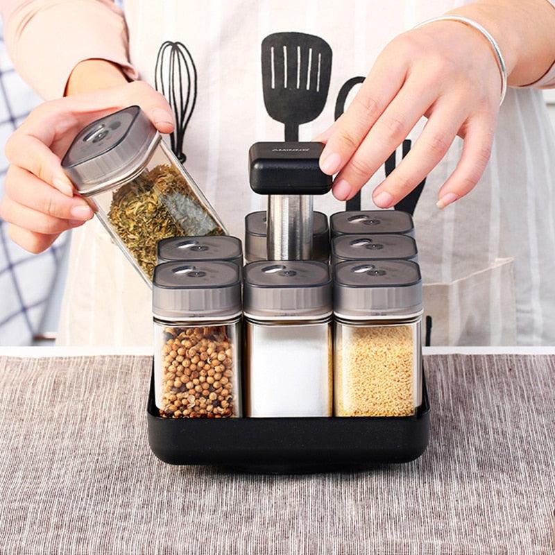 Kitchen Jars For Spices - Rotating Glass Cruet Seasoning Jar Set (AK8)