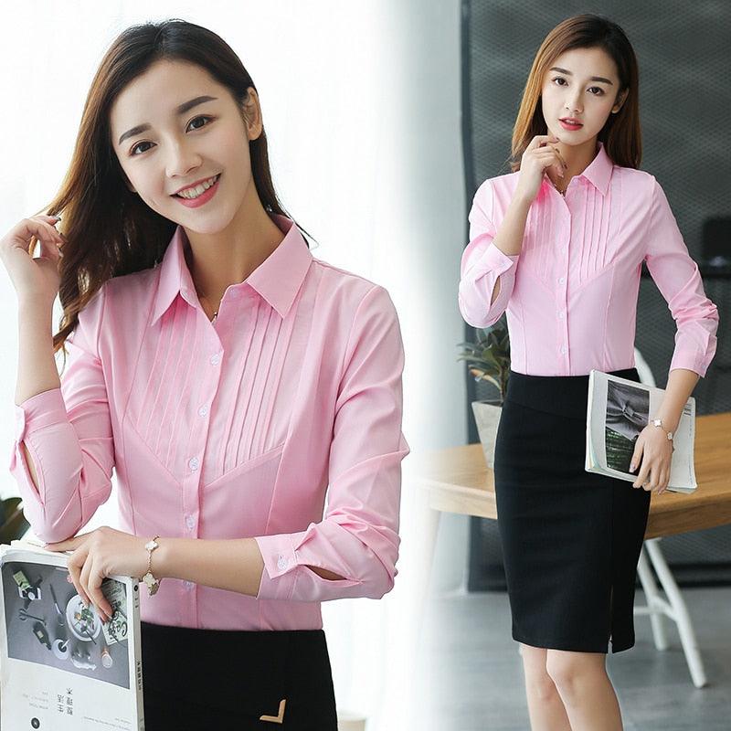 Amazing Women Elegant Shirts - Woman Striped Cotton Shirt - Plus Size - Office Lady Pink Blouse Work Shirts 3XL/5XL Tops (TB4)(F19)