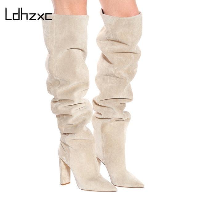 Gorgeous Women Faux Suede High Slouchy Boots - Pointy Toe Chunky Heel (BB3)(BB2)(CD)(WO4)(F38)(F36)(F42)