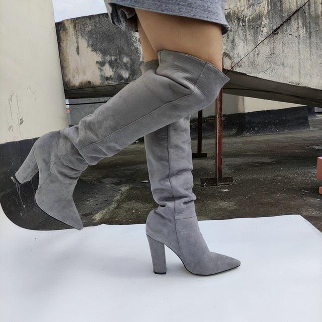 Gorgeous Women Faux Suede High Slouchy Boots - Pointy Toe Chunky Heel (BB3)(BB2)(CD)(WO4)(F38)(F36)(F42)