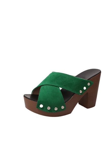Beautiful Women's Sandals - Platform Flock Casual Rivet Slides Square Heels (1U39)(1U36)(1U37)