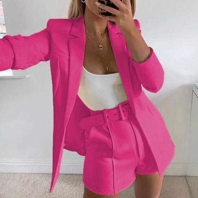 Amazing Two Piece Set - Women Blazer Shorts Suit - Long Sleeve Elegant High Waist Pants (5U20)