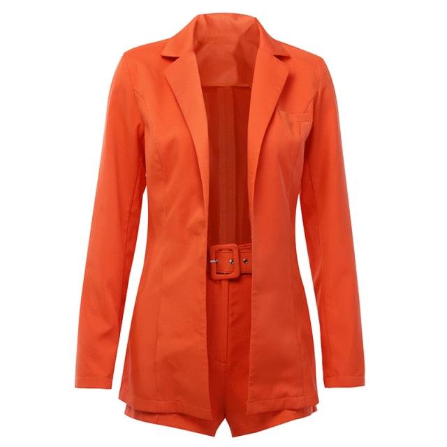 Amazing Two Piece Set - Women Blazer Shorts Suit - Long Sleeve Elegant High Waist Pants (5U20)