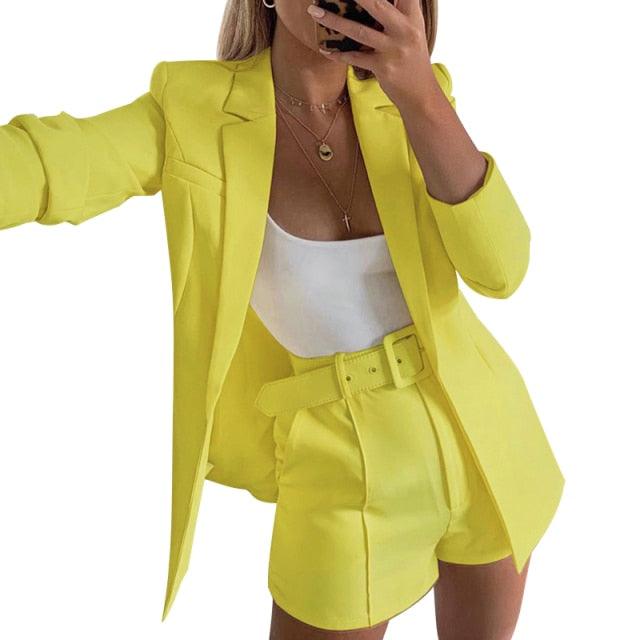 Amazing Two Piece Set - Women Blazer Shorts Suit - Long Sleeve Elegant High Waist Pants (5U20)