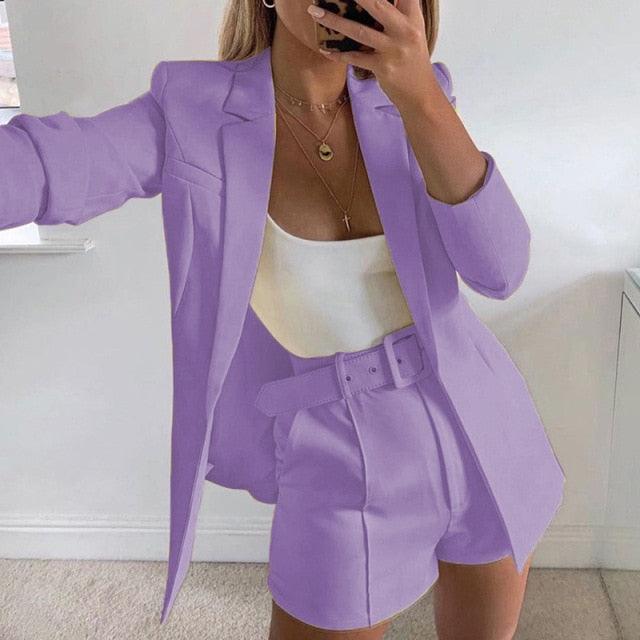 Amazing Two Piece Set - Women Blazer Shorts Suit - Long Sleeve Elegant High Waist Pants (5U20)