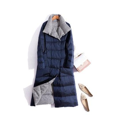 Women Double Sided Down Long Jacket - Winter Turtleneck White Duck Down Coat - Double Breasted Warm Snow Outwear (TB8A)