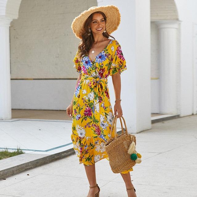 Trending Ladies Floral Printed Women Dress - A Line Deep Ruched V Neck Short Sleeve Midi Dress - Elegant Summer Dress (D30)(BWM)(WS06)