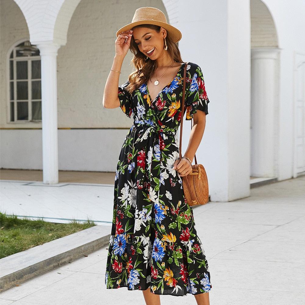 Trending Ladies Floral Printed Women Dress - A Line Deep Ruched V Neck Short Sleeve Midi Dress - Elegant Summer Dress (D30)(BWM)(WS06)