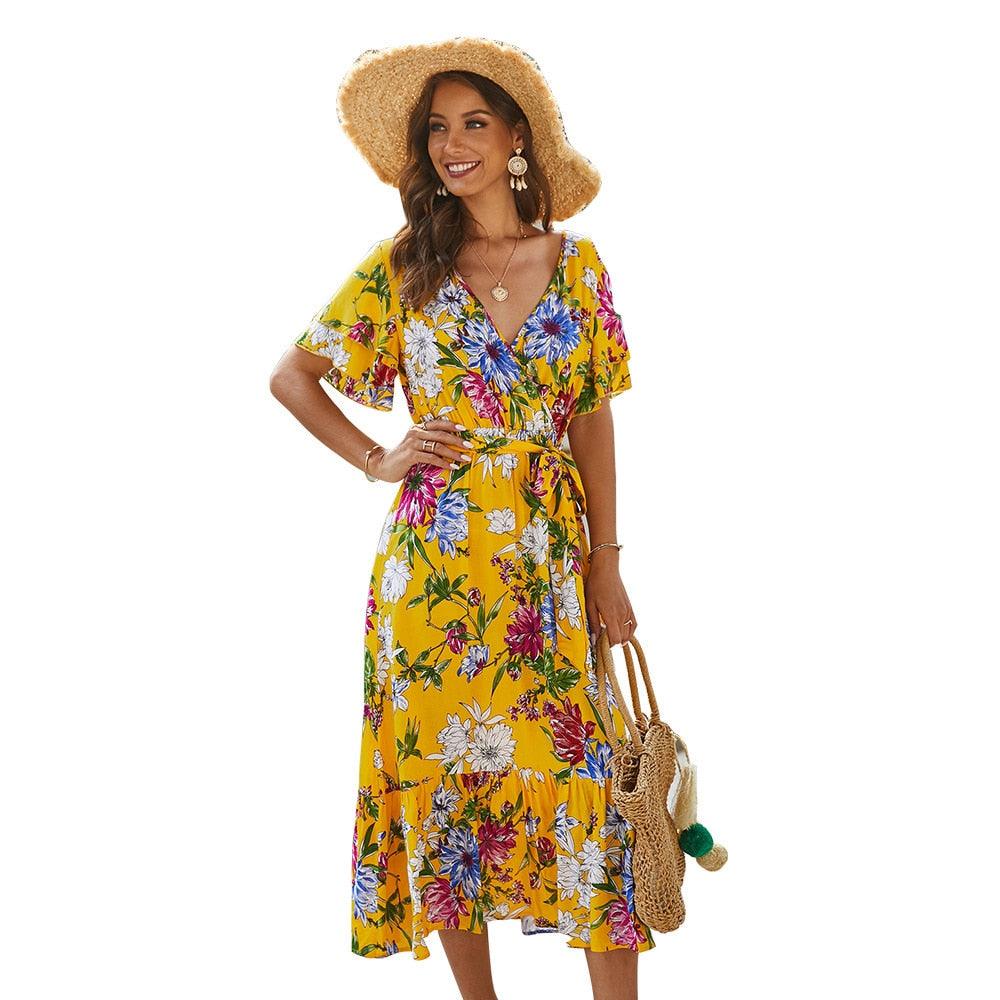 Trending Ladies Floral Printed Women Dress - A Line Deep Ruched V Neck Short Sleeve Midi Dress - Elegant Summer Dress (D30)(BWM)(WS06)