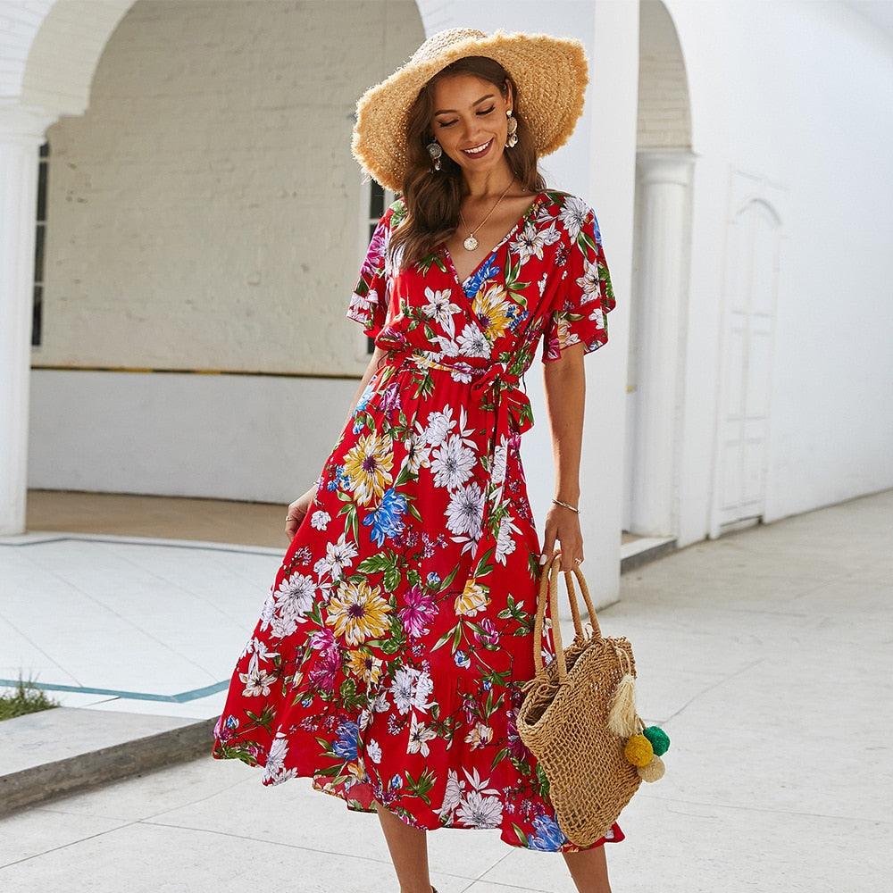 Trending Ladies Floral Printed Women Dress - A Line Deep Ruched V Neck Short Sleeve Midi Dress - Elegant Summer Dress (D30)(BWM)(WS06)