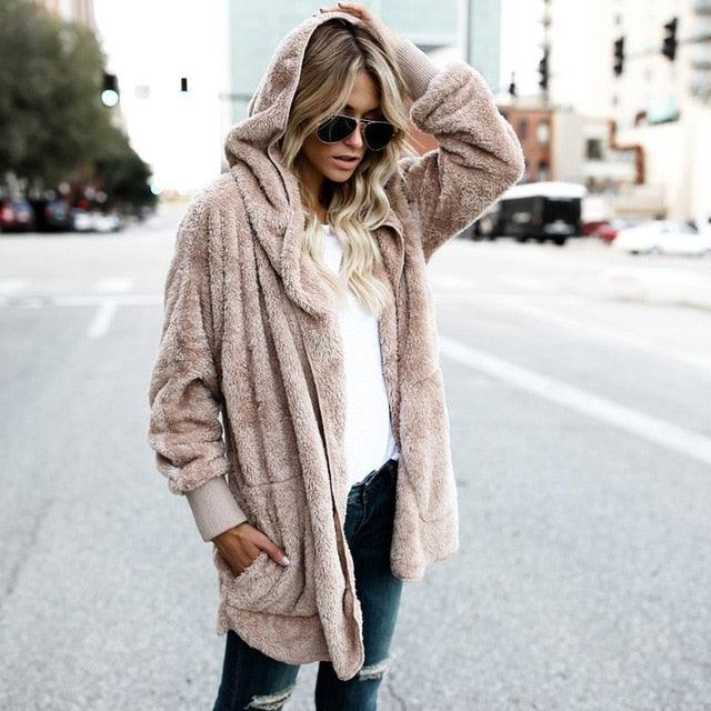 Winter Warm Bat Sleeve Female Cardigan Hooded Loose Sweater - Casual Long Women's Sweater - Thick Solid - Plus Size (D23)(D20)(TB8C)(TP4)