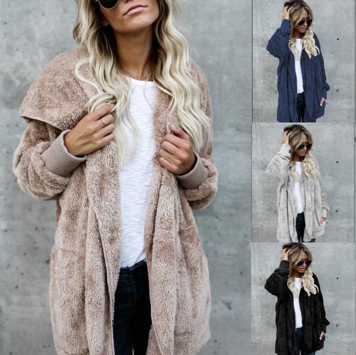 Winter Warm Bat Sleeve Female Cardigan Hooded Loose Sweater - Casual Long Women's Sweater - Thick Solid - Plus Size (D23)(D20)(TB8C)(TP4)