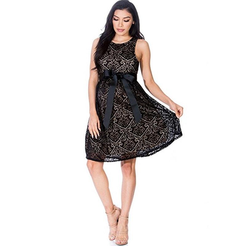 Summer Casual Maternity Lace Dress - High Waist Sleeveless Ribbon - Pregnancy Dress (D5)(Z7)(Z9)(2Z1)(7Z1)