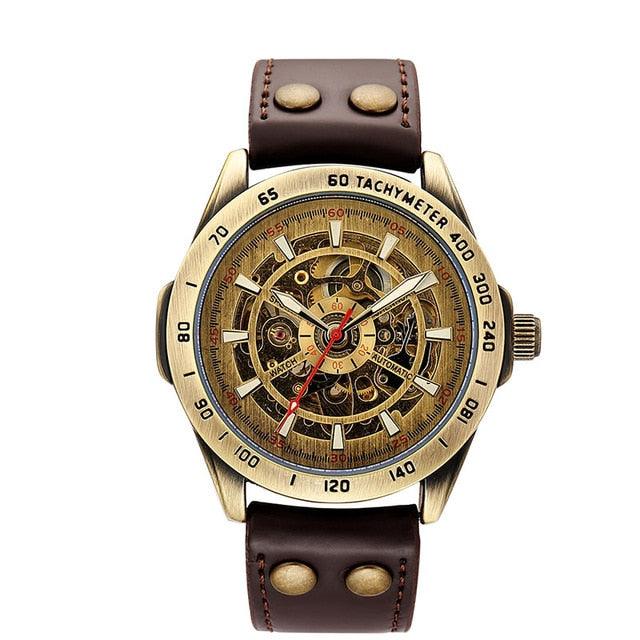 Leather Mechanical Watch - Men Automatic Steampunk Watch - Bronze Transparent Vintage Sport Wristwatch (1U84)