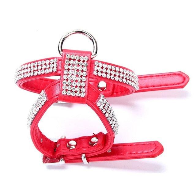 Amazing Leather Small Dog Harness Diamond Necklace Retractable Dog Leash Rhinestone Puppy Dog Collar (3W1)