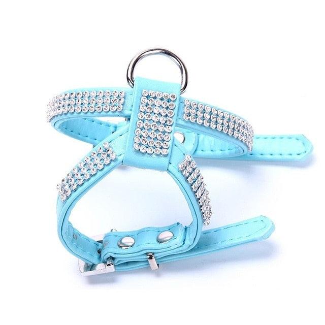 Amazing Leather Small Dog Harness Diamond Necklace Retractable Dog Leash Rhinestone Puppy Dog Collar (3W1)