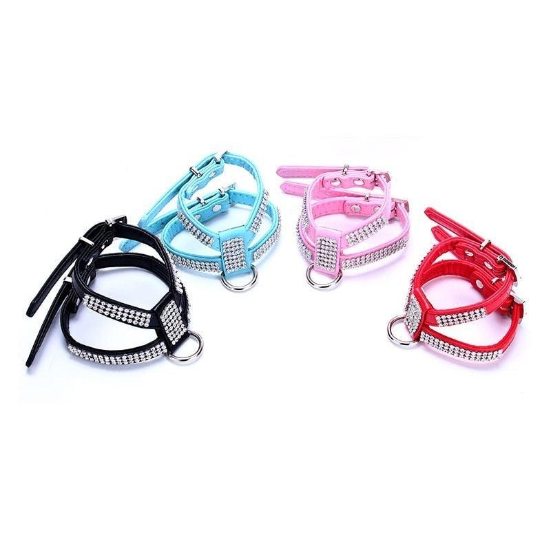 Amazing Leather Small Dog Harness Diamond Necklace Retractable Dog Leash Rhinestone Puppy Dog Collar (3W1)