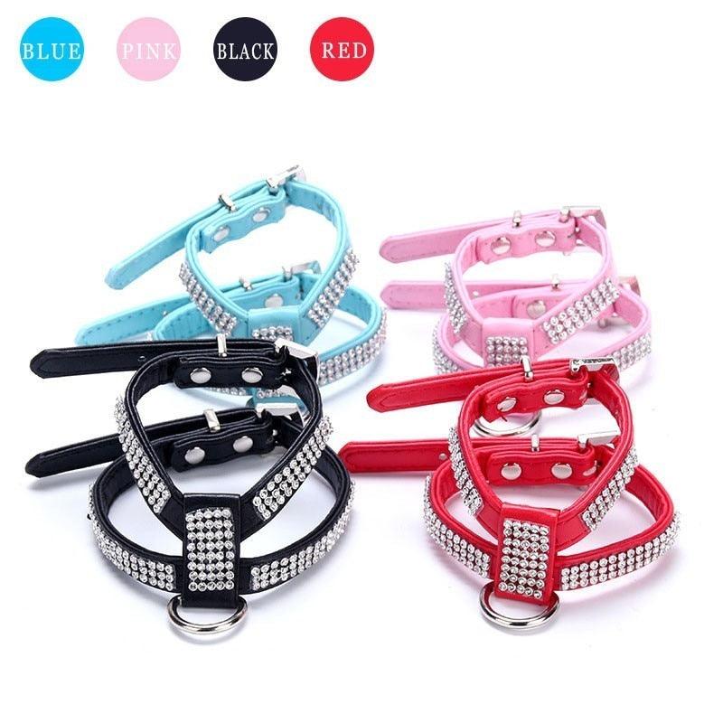 Amazing Leather Small Dog Harness Diamond Necklace Retractable Dog Leash Rhinestone Puppy Dog Collar (3W1)