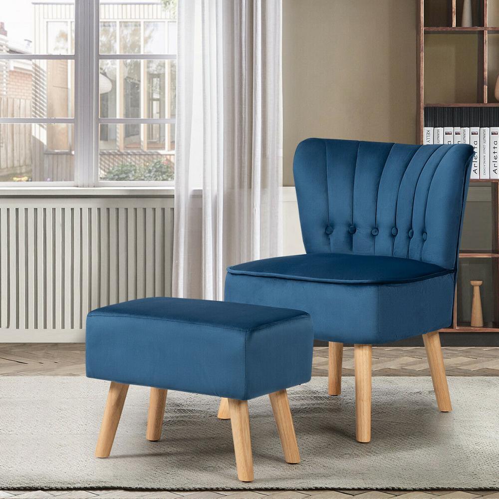 Leisure Chair and Ottoman Thick Padded Button Tufted Sofa Set w/ Wood Legs (FW2)(FW6)(1U67)