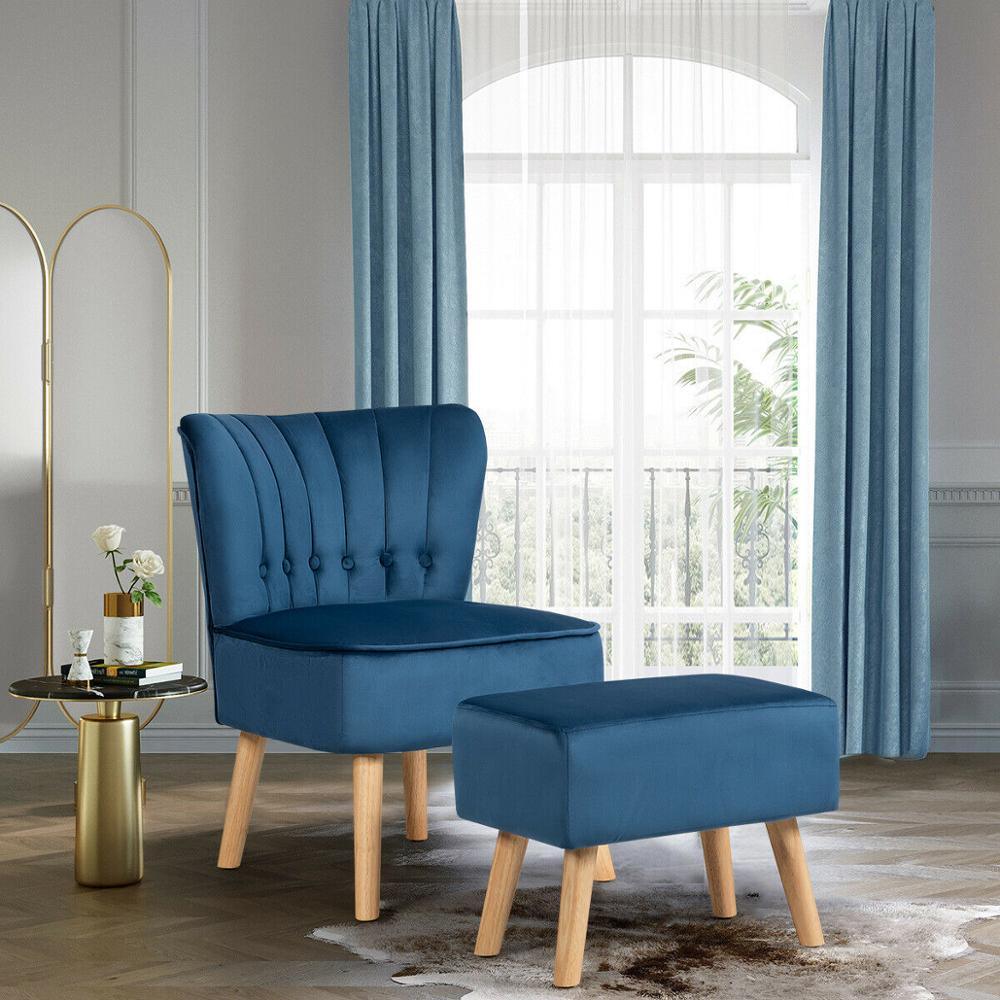 Leisure Chair and Ottoman Thick Padded Button Tufted Sofa Set w/ Wood Legs (FW2)(FW6)(1U67)