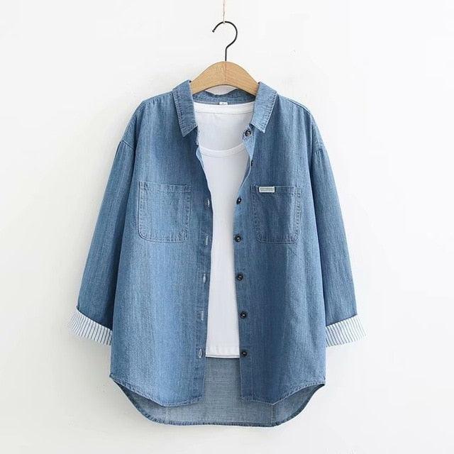 Leisure Cute Fall Shirt - Women Blue Button Shirts - Long Sleeve Tops - Style Streetwear (TB4)(F19)