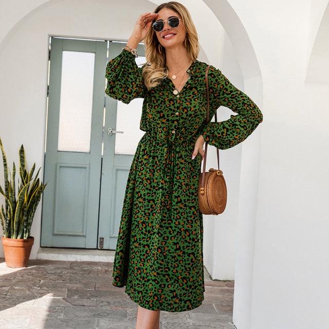 New Arrival Midi Women Leopard Dress - Long Sleeve Fashion A Line V Neck High Waist Boho Summer Dresses (BWM)(F30)