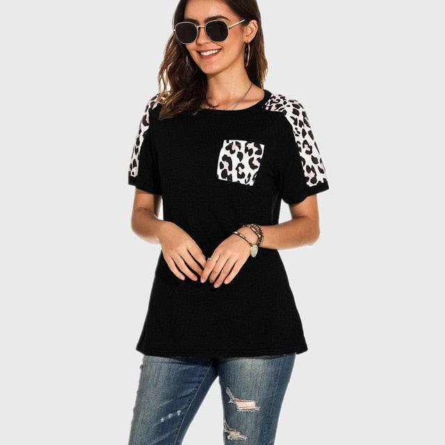 Leopard Pocket T-shirt Summer Tops - Women O-neck Short Sleeve Casual Female Tops - Summer Hot T Shirt (3U19)