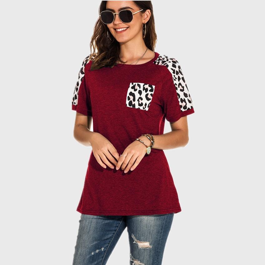 Leopard Pocket T-shirt Summer Tops - Women O-neck Short Sleeve Casual Female Tops - Summer Hot T Shirt (3U19)