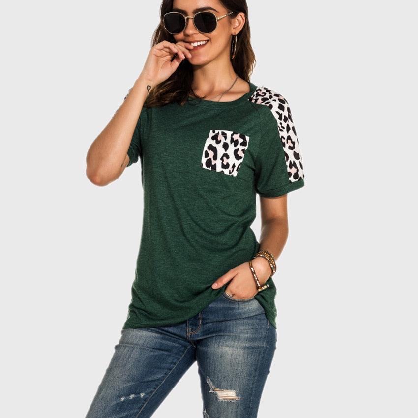Leopard Pocket T-shirt Summer Tops - Women O-neck Short Sleeve Casual Female Tops - Summer Hot T Shirt (3U19)