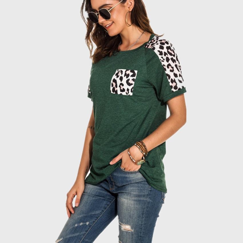 Leopard Pocket T-shirt Summer Tops - Women O-neck Short Sleeve Casual Female Tops - Summer Hot T Shirt (3U19)