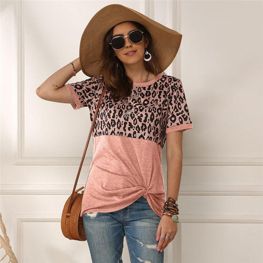 Nice Leopard T-shirt - Women Patchwork Top Summer Short Sleeve Top - New Tie Tops (3U19)