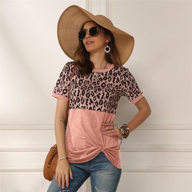 Nice Leopard T-shirt - Women Patchwork Top Summer Short Sleeve Top - New Tie Tops (3U19)