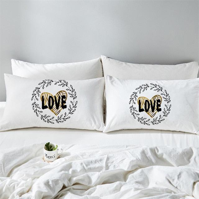 Letter Print Lovers Pillowcase King Queen Heart Pillow Case Leaves Print White Pillow Cover (3BM)(F63)