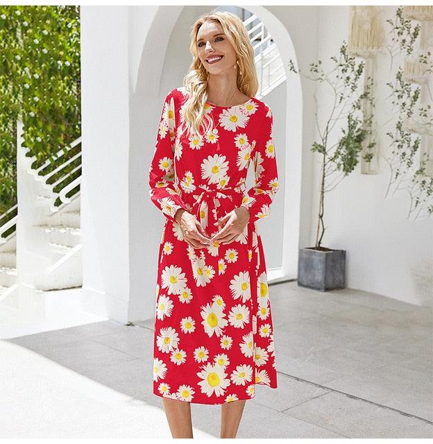 Gorgeous Long Dresses Women Flower Print Floral Bow Belted Dress - Midi Casual Ladies Spring Dress (BWM)(WS06)(TP5)(F20)(F30)