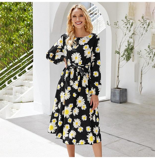 Gorgeous Long Dresses Women Flower Print Floral Bow Belted Dress - Midi Casual Ladies Spring Dress (BWM)(WS06)(TP5)(F20)(F30)