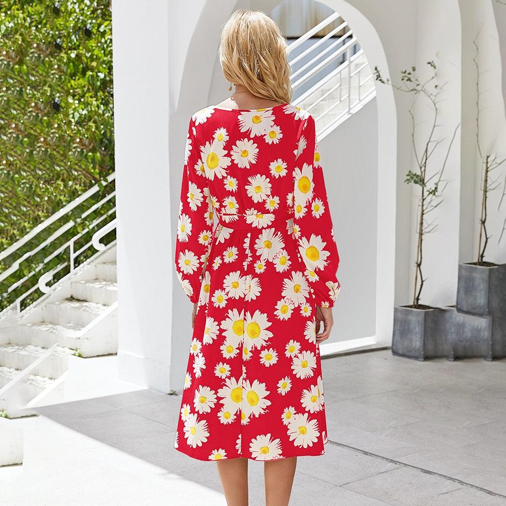 Gorgeous Long Dresses Women Flower Print Floral Bow Belted Dress - Midi Casual Ladies Spring Dress (BWM)(WS06)(TP5)(F20)(F30)