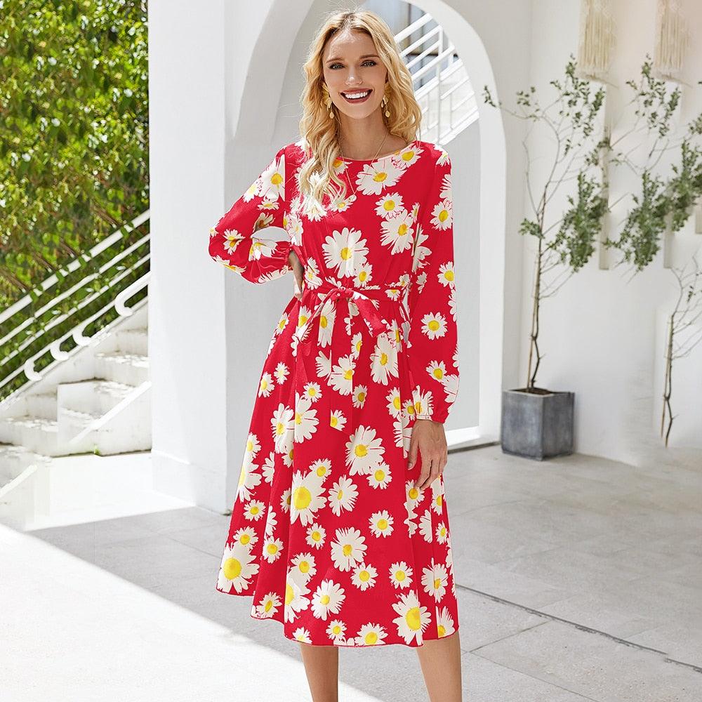 Gorgeous Long Dresses Women Flower Print Floral Bow Belted Dress - Midi Casual Ladies Spring Dress (BWM)(WS06)(TP5)(F20)(F30)