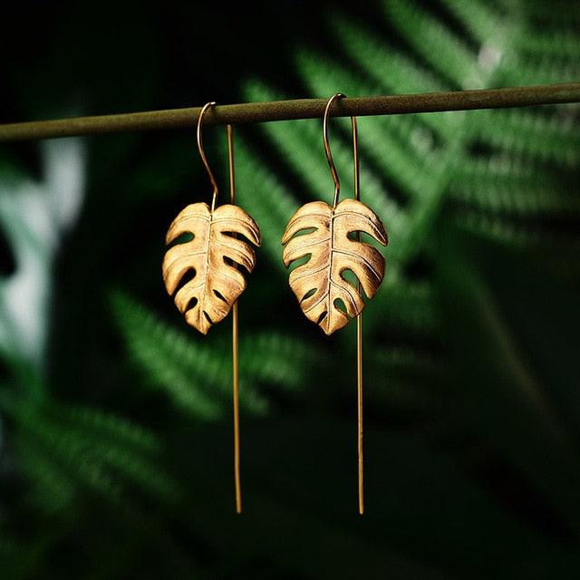 Gorgeous Elegant 925 Sterling Silver - Creative Handmade Design Fine Jewelry - 18K Gold Monstera Leaves Drop Earrings (2JW2)