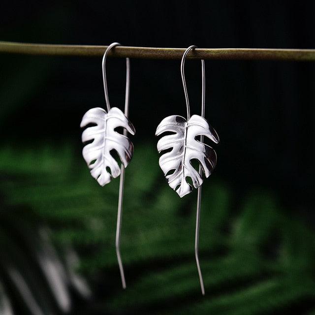 Gorgeous Elegant 925 Sterling Silver - Creative Handmade Design Fine Jewelry - 18K Gold Monstera Leaves Drop Earrings (2JW2)