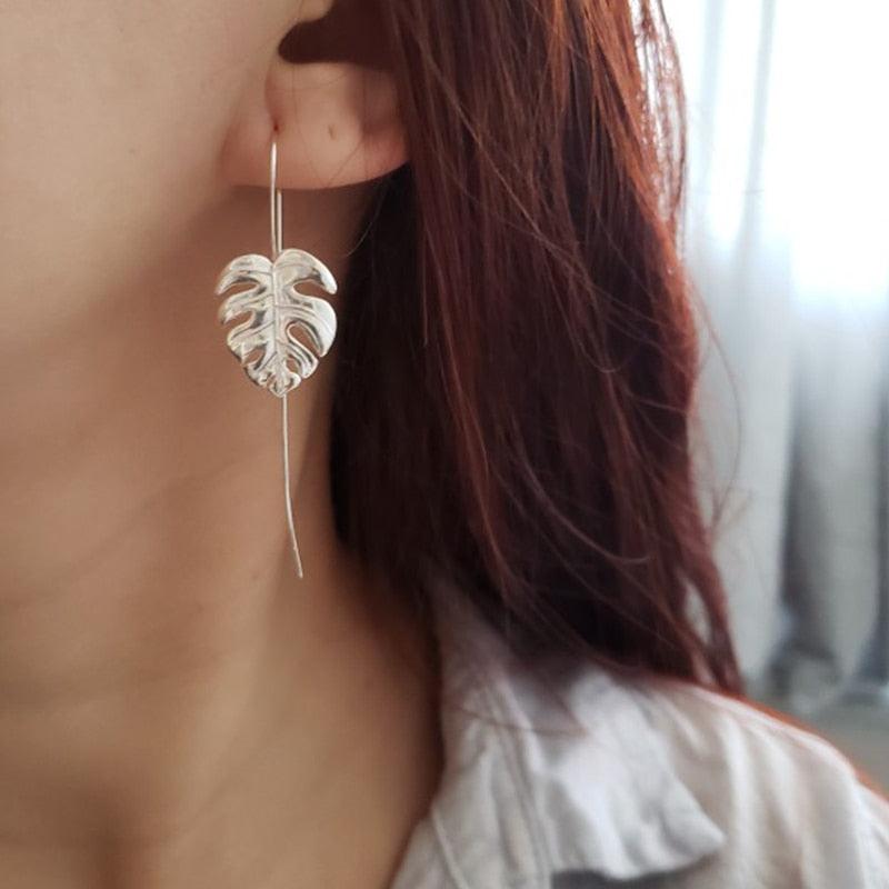 Gorgeous Elegant 925 Sterling Silver - Creative Handmade Design Fine Jewelry - 18K Gold Monstera Leaves Drop Earrings (2JW2)