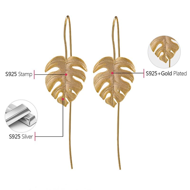 Gorgeous Elegant 925 Sterling Silver - Creative Handmade Design Fine Jewelry - 18K Gold Monstera Leaves Drop Earrings (2JW2)