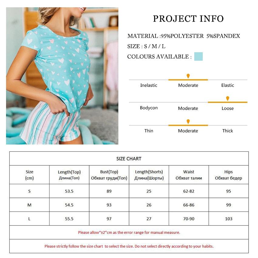 Amazing Love Heart Print Cute Pajamas Sets - Striped Shorts Sleepwear Round Neck + Short Sleeve Clothing (ZP1)(F90)