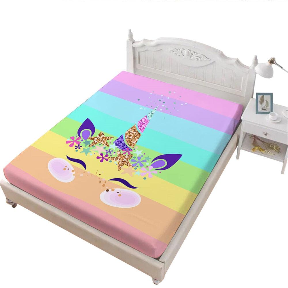 Lovely Rainbow Unicorn Bed Sheet Colorful Cartoon Fitted Sheet Twin Full Queen King Bedding (5BM)